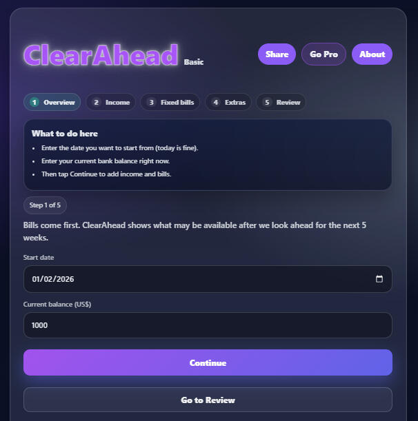 ClearAhead budgeting app overview screen